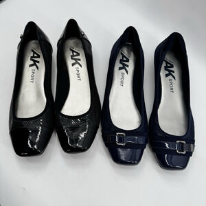 2 Anne Klein Sport Ballet Flats 9 Black Navy Buckle Snake Herringbone Patent